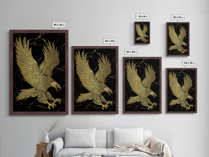 Detailed Golden Eagle with Spread Wings – Metallic Gold Art, Precision Linework Metal Art in Real Wood Frame, Regal Animal Decor