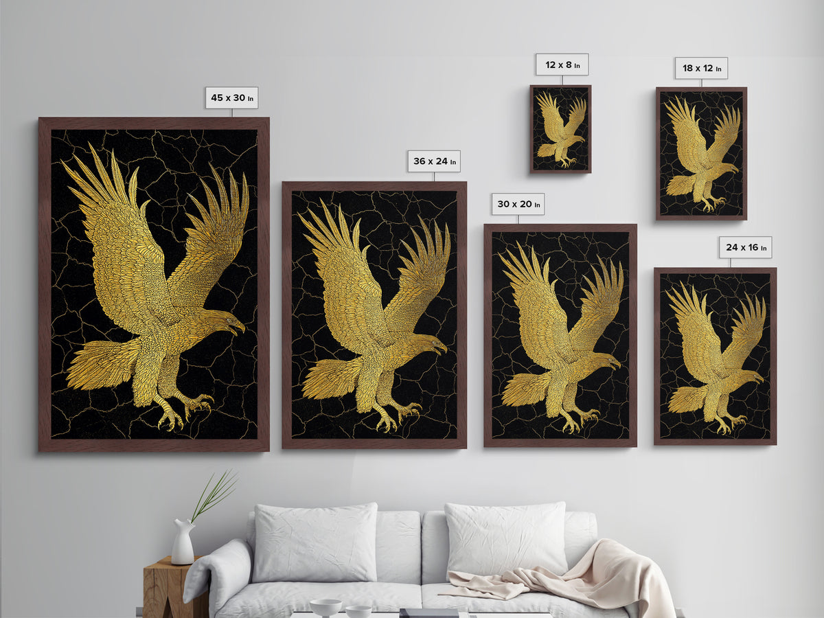 Golden Eagle Metal Art, Metal Print in Metallic Gold, Framed Metal Wall Art with Real Wood Frame, Black Background Luxury Wildlife Decor