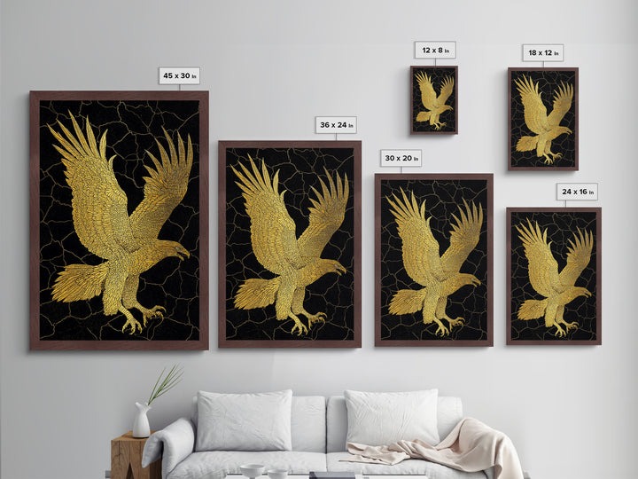 Golden Eagle Metal Art, Metal Print in Metallic Gold, Framed Metal Wall Art with Real Wood Frame, Black Background Luxury Wildlife Decor