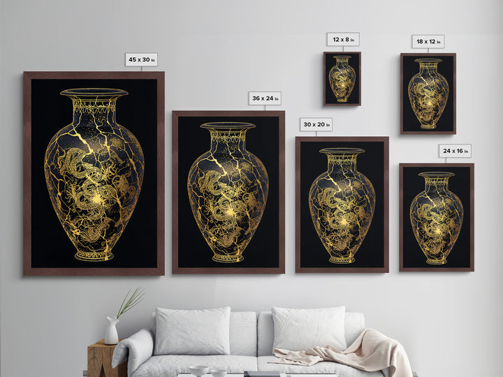 Kintsugi Serpent Vase Metal Art, Metallic Gold Metal Print, Framed Metal Wall Art with Real Wood Frame, Celestial Night Sky Decor
