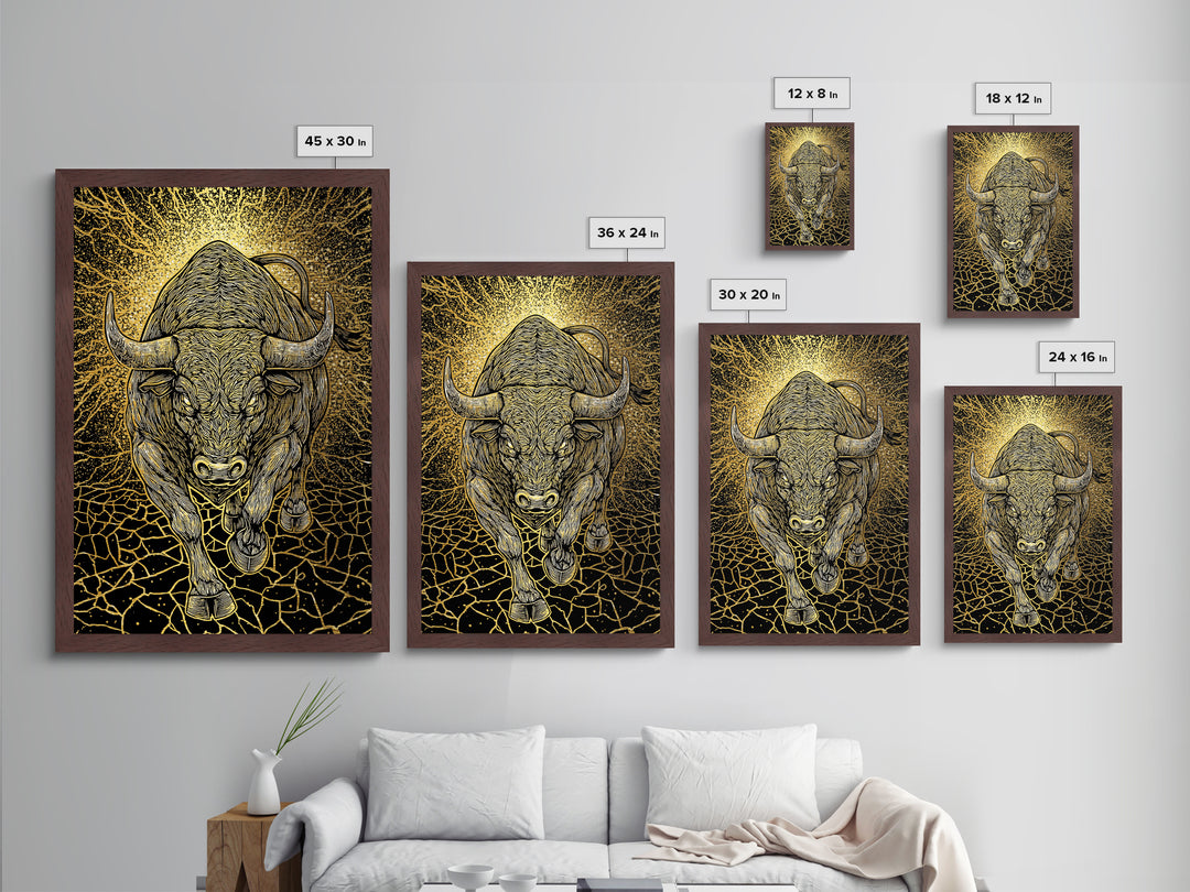 Charging Bull Metal Art, Metallic Gold Metal Print, Framed Metal Wall Art with Real Wood Frame, Powerful Animal Gallery Decor