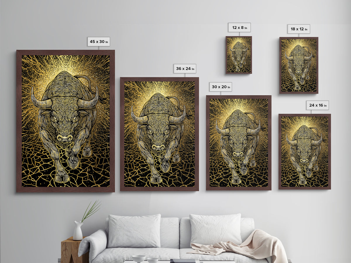 Charging Bull Metal Art, Metallic Gold Metal Print, Framed Metal Wall Art with Real Wood Frame, Powerful Animal Gallery Decor