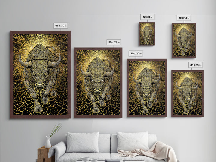 Charging Bull Metal Art, Metallic Gold Metal Print, Framed Metal Wall Art with Real Wood Frame, Powerful Animal Gallery Decor