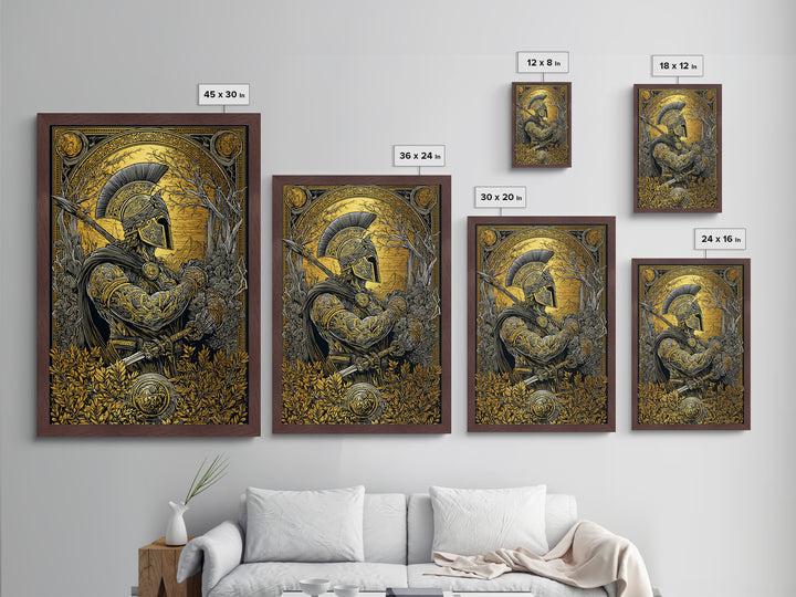 Spartan Soldier in Ornate Armor with Spear – Metallic Gold Art, Intricate Metal Art Print, Classical Greece Wall Hanging