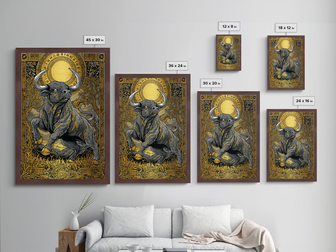 Taurus Zodiac Bull Metal Art, Metallic Gold Metal Print, Framed Metal Wall Art with Real Wood Frame, Ornate Mythic Gallery Decor