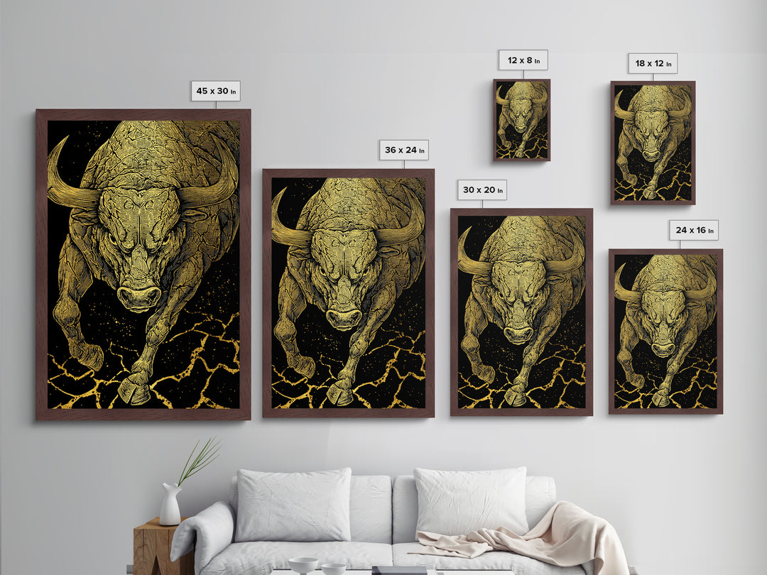 Charging Bull Metallic Gold Metal Print, Framed Metal Wall Art with Real Wood Frame, Dynamic Black and Gold Animal Decor