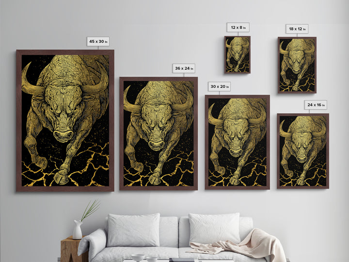 Charging Bull Metallic Gold Metal Print, Framed Metal Wall Art with Real Wood Frame, Dynamic Black and Gold Animal Decor