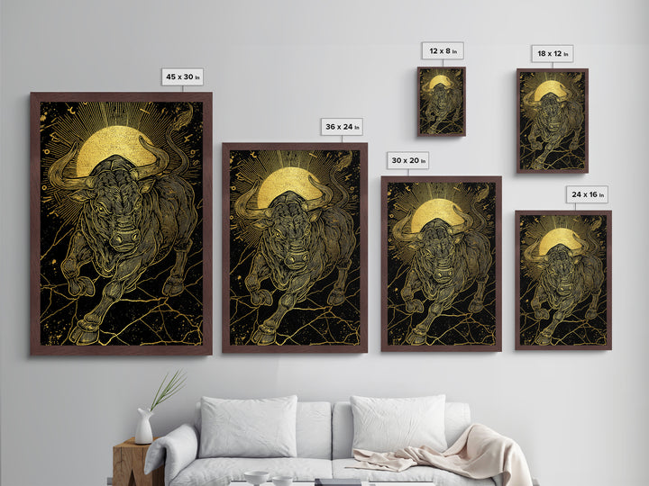 Taurus Bull Metallic Gold Metal Print, Framed Metal Wall Art with Real Wood Frame, Zodiac Sun Disc Black and Gold Gallery Decor