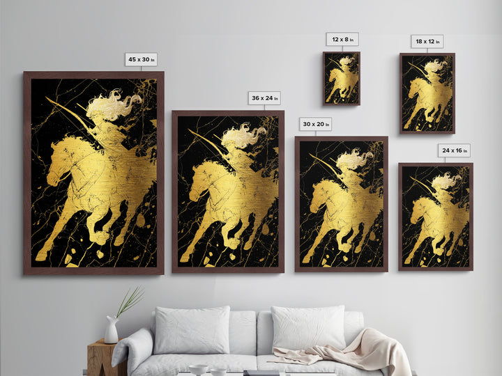 Huntress on Horse Metallic Gold Metal Print, Framed Metal Wall Art with Real Wood Frame, Warrior Goddess Archer Black Gold Decor