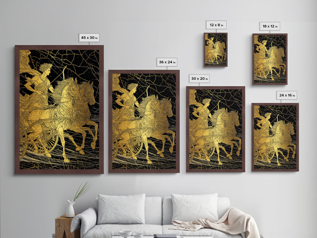 Apollo Sun Chariot Metallic Gold Metal Print, Framed Metal Wall Art with Real Wood Frame, Classical Greek God Horses Wall Decor