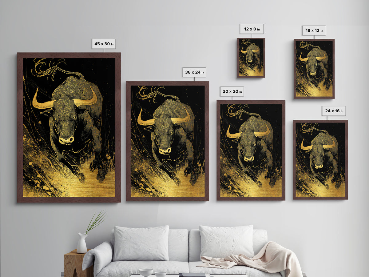 Bull Splash Metallic Gold Metal Print, Framed Metal Wall Art with Real Wood Frame, Powerful Charging Animal Black Gold Decor