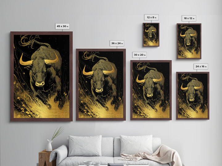 Bull Splash Metallic Gold Metal Print, Framed Metal Wall Art with Real Wood Frame, Powerful Charging Animal Black Gold Decor