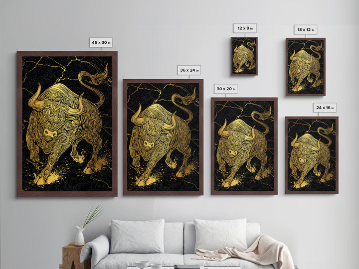 Ornate Bull Metallic Gold Metal Print, Framed Metal Wall Art with Real Wood Frame, Black and Gold Animal Decor for Luxury Home