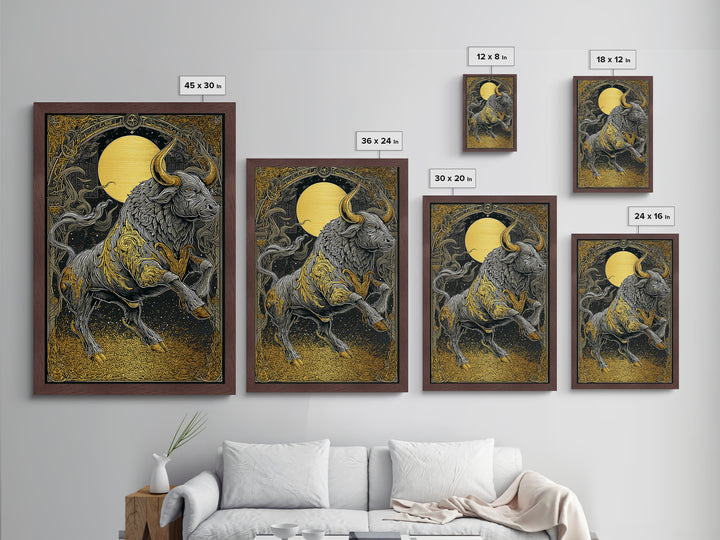 Regal Bull Metallic Gold Metal Print, Framed Metal Wall Art with Real Wood Frame, Mythic Black and Gold Zodiac Decor for Gallery