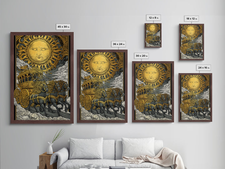 Sun Chariot Metallic Gold Metal Print, Framed Metal Wall Art with Real Wood Frame, Greek Myth Apollo Horses Statement Decor