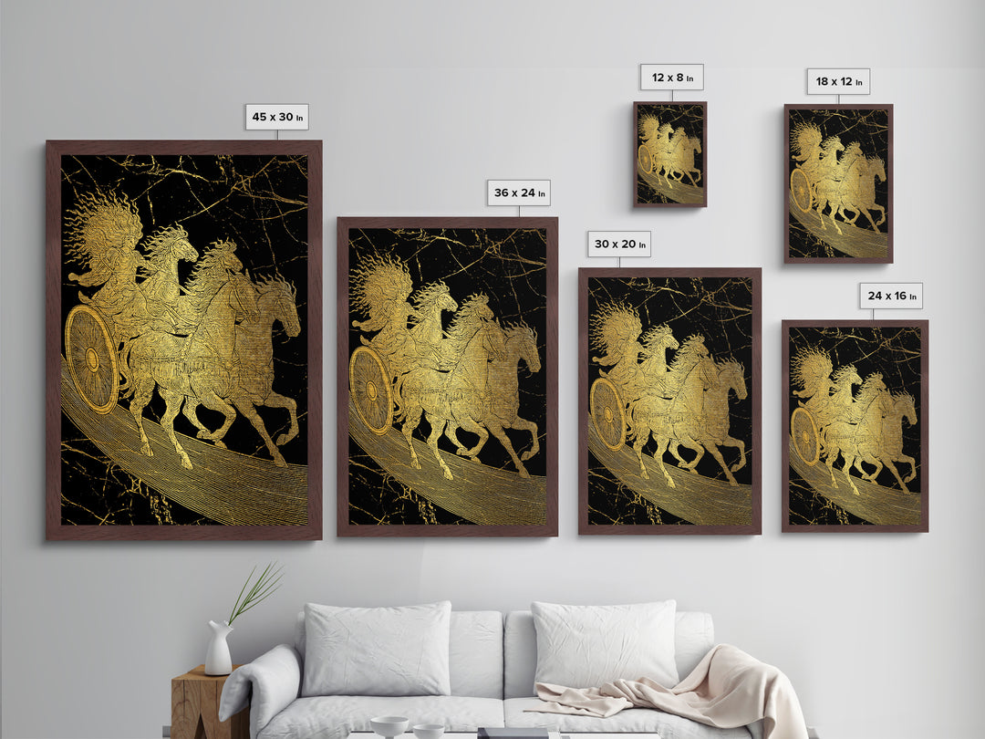 Golden Chariot Metallic Gold Art, Framed Metal Wall Art with Real Wood Frame, Classical Black and Gold Greek Myth Horse Decor