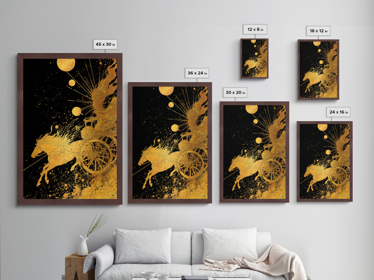 Celestial Chariot Metallic Gold Art, Framed Metal Wall Art with Real Wood Frame, Radiant Greek Myth Sun and Horse Wall Decor