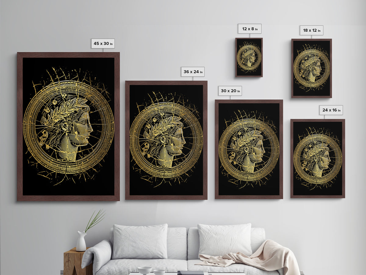 Greek Coin Profile Metallic Gold Metal Print, Framed Metal Wall Art with Real Wood Frame, Black and Gold Classical Portrait Decor