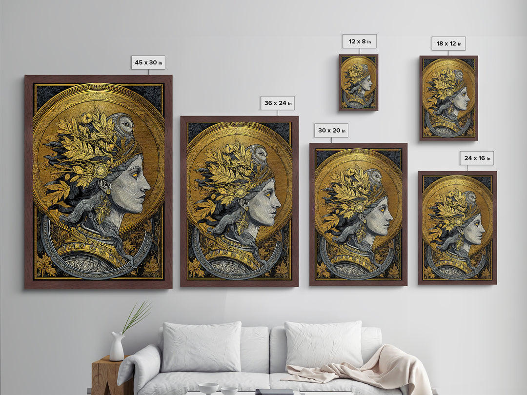 Athena Portrait Metallic Gold Metal Print, Framed Metal Wall Art with Real Wood Frame, Greek Goddess with Owl Luxury Home Decor
