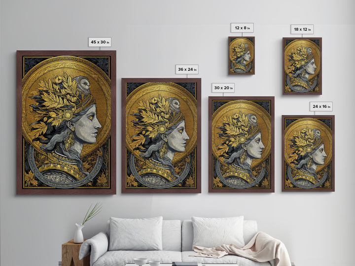 Athena Portrait Metallic Gold Metal Print, Framed Metal Wall Art with Real Wood Frame, Greek Goddess with Owl Luxury Home Decor