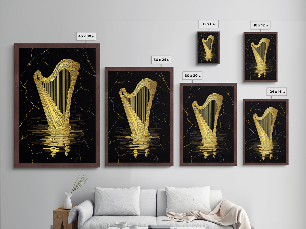 Golden Harp Metallic Gold Metal Print, Framed Metal Wall Art with Real Wood Frame, Black and Gold Classical Instrument Decor
