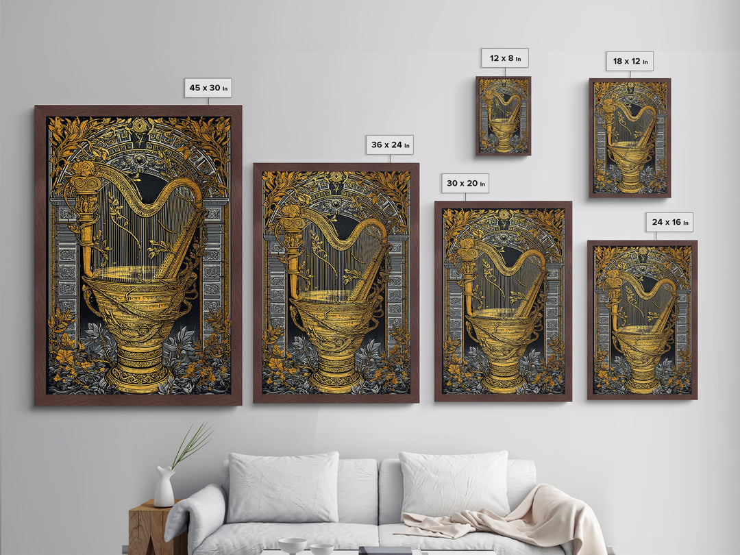 Ornate Harp Metallic Gold Art, Framed Metal Wall Art with Real Wood Frame, Black and Gold Botanical Classical Music Wall Decor