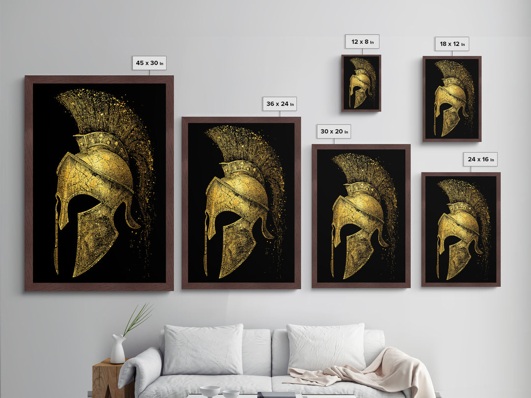 Spartan Helmet Metallic Gold Metal Print, Framed Metal Wall Art with Real Wood Frame, Black and Gold Greek Warrior Decor