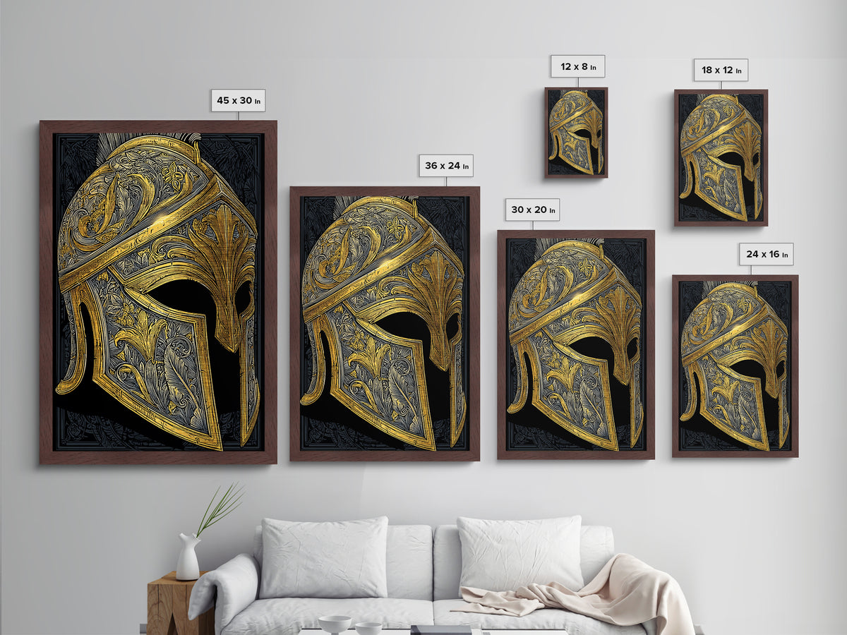 Ornate Spartan Helmet Metallic Gold Art – Intricate Ancient Warrior Wall Print on Metal with Real Wood Frame – Greek Decor