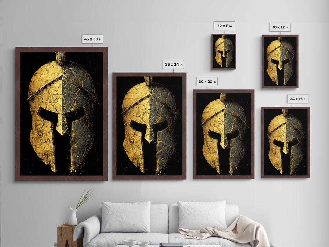 Cracked Warrior Helmet Metallic Gold Art – Ancient Greek Sparta Wall Metal Print with Real Wood Frame – Bold Home Decor