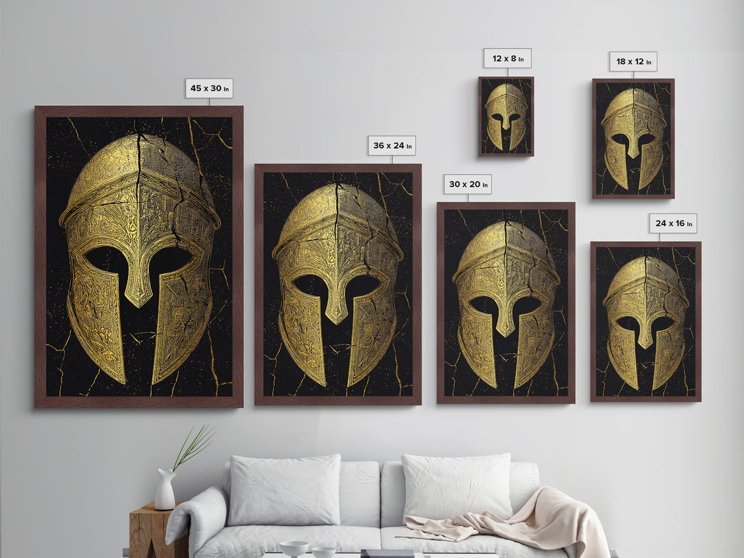 Detailed Spartan Helmet Metallic Gold Metal Print – Engraved Greek History Art with Real Wood Frame – Warrior Wall Decor