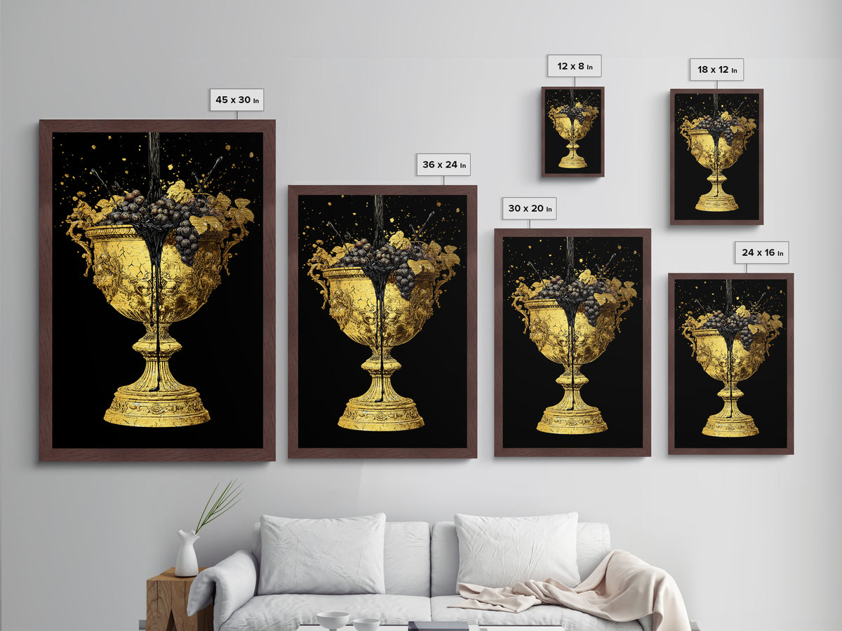 Luxurious Golden Chalice Metallic Gold Metal Print – Grapes & Wine Still Life Wall Art with Real Wood Frame – Elegant Kitchen Decor