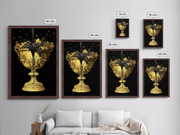 Luxurious Golden Chalice Metallic Gold Metal Print – Grapes & Wine Still Life Wall Art with Real Wood Frame – Elegant Kitchen Decor