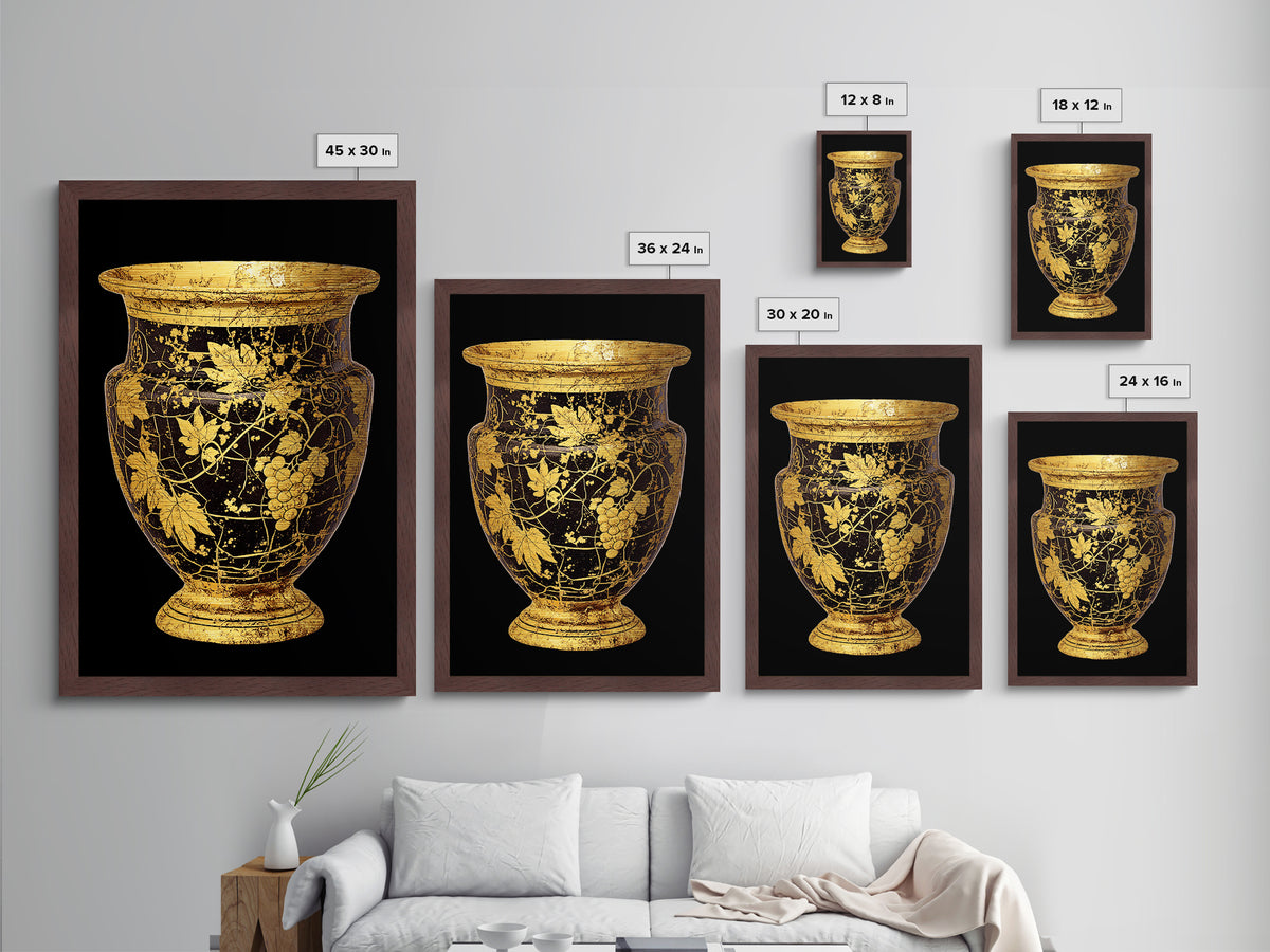 Black & Gold Grape Vase Metallic Gold Metal Print – Elegant Vine & Wine Themed Wall Art with Real Wood Frame – Modern Classic Decor