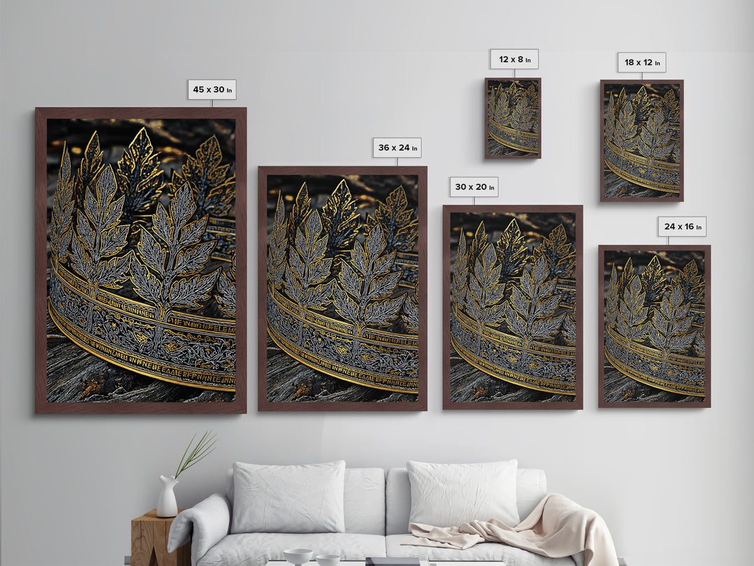 Laurel Leaf Crown Metallic Gold Art Print with Real Wood Frame – Regal Nature-Inspired Decorative Wall Piece