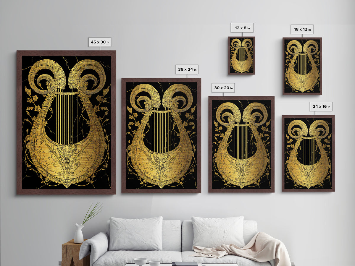 Ancient Ram Horn Lyre Metallic Gold Art Print with Real Wood Frame – Classical Mythology Inspired Wall Art
