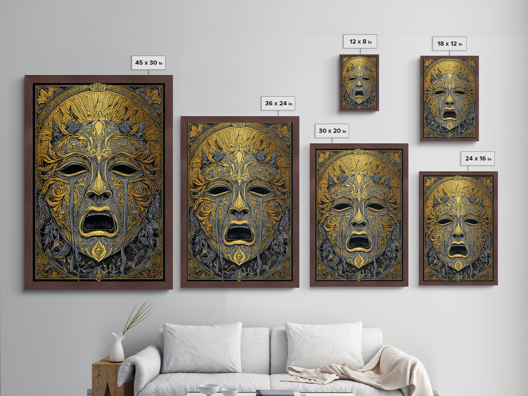 Crying Ornate Mask Metallic Gold Metal Print with Real Wood Frame – Dramatic Theatrical Inspired Wall Art