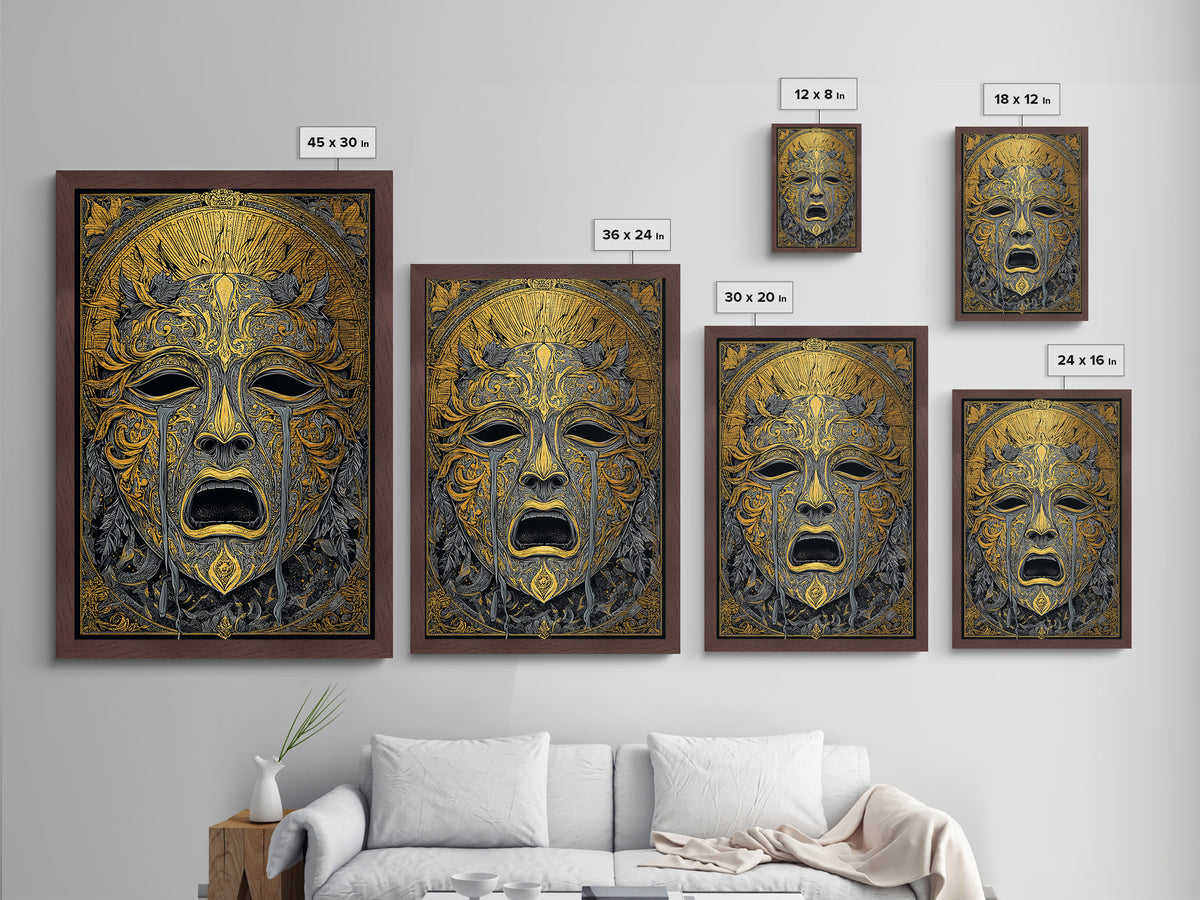 Crying Ornate Mask Metallic Gold Metal Print with Real Wood Frame – Dramatic Theatrical Inspired Wall Art