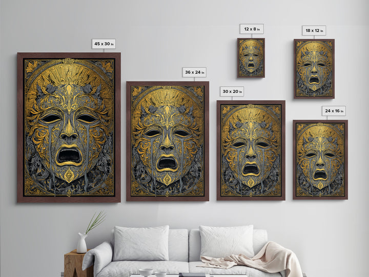 Crying Ornate Mask Metallic Gold Metal Print with Real Wood Frame – Dramatic Theatrical Inspired Wall Art