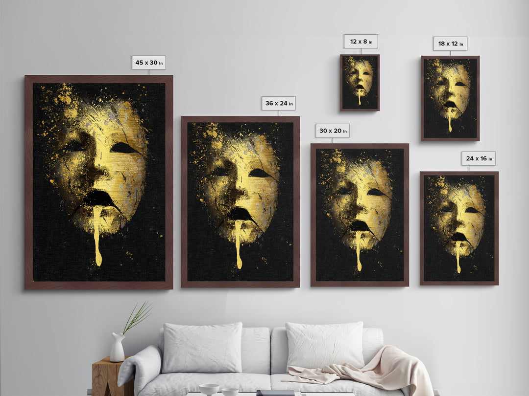 Abstract Gold-Drip Mask Metallic Gold Art Print with Real Wood Frame – Modern Surreal Face Wall Decor