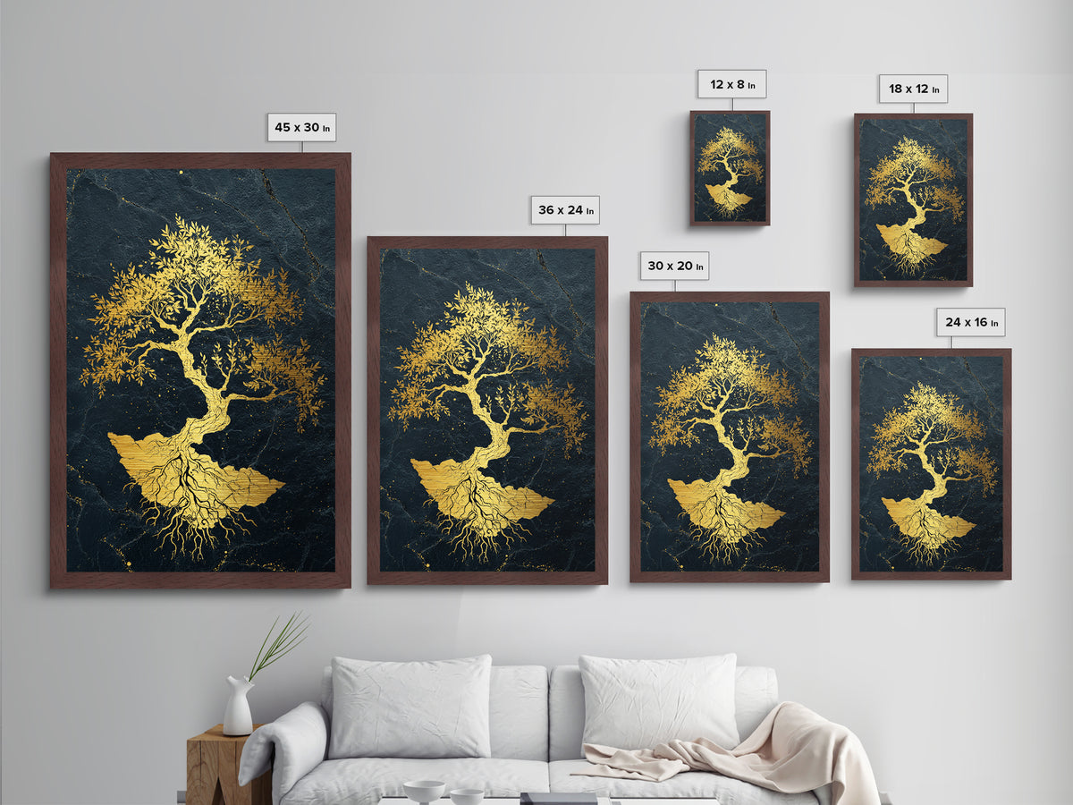 The Gilded Bonsai – Roots Anchored in Stone and Time, Metal Art, Metallic Gold Print, Metal Wall Art, Man Cave Decor
