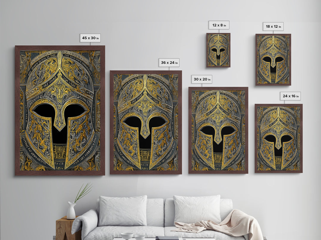 Fiery Engraved Spartan Helmet Wall Print – Metallic Gold Art, Lavish Historical Helmet Metal Art, Classic War Decor