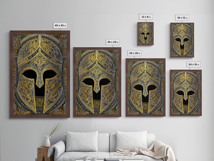 Fiery Engraved Spartan Helmet Wall Print – Metallic Gold Art, Lavish Historical Helmet Metal Art, Classic War Decor