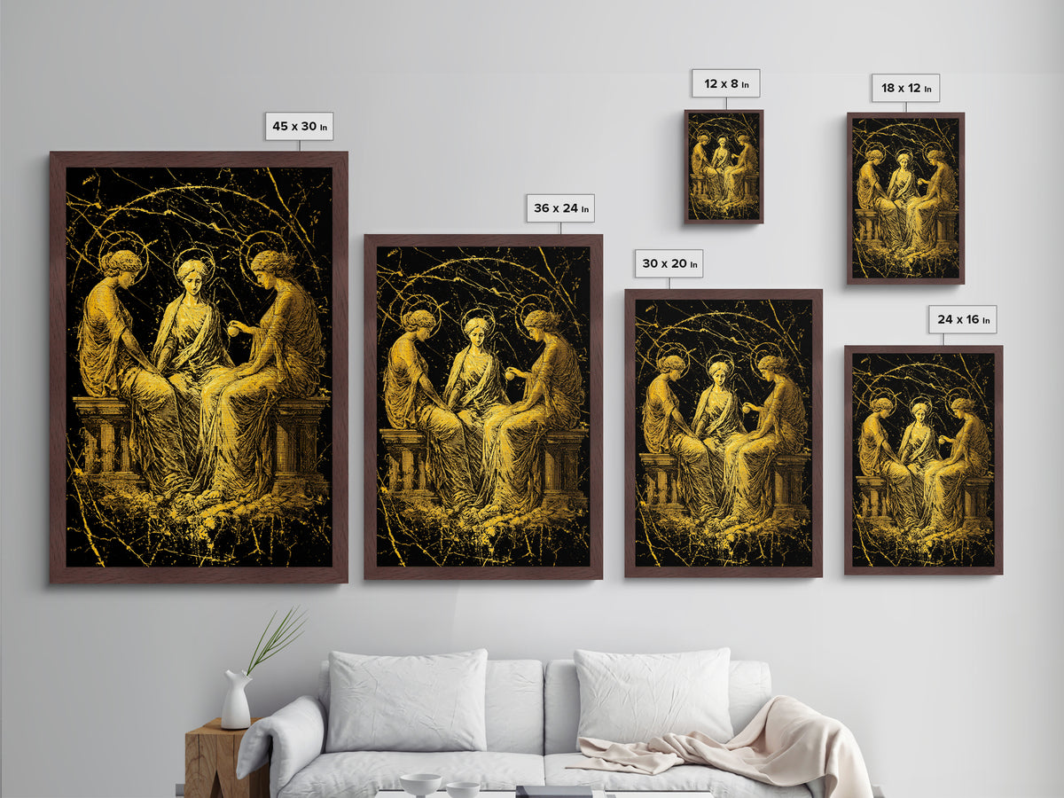 The Three Graces – Metallic Gold Metal Print – Greek Goddess Wall Art with Real Wood Frame for Elegant Classical Room Decor