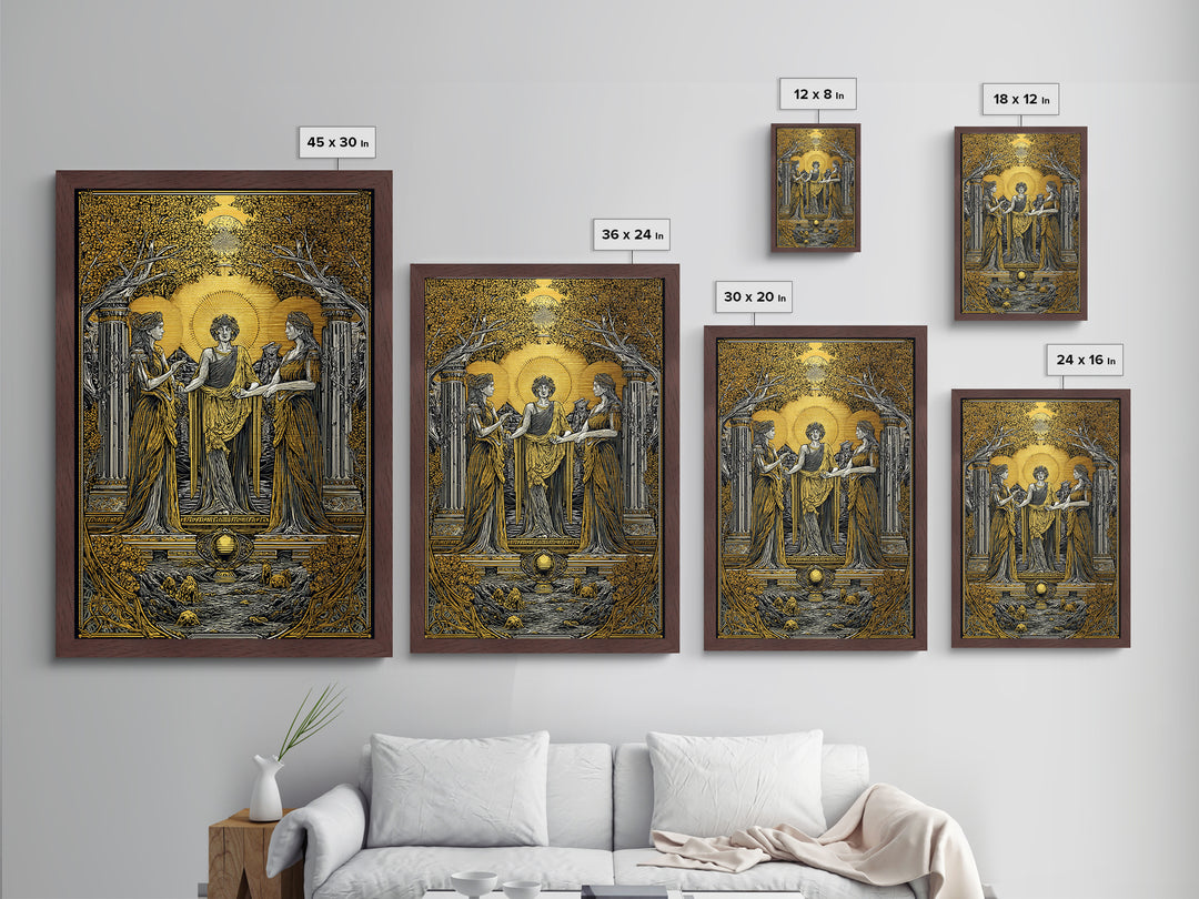 Greek Goddesses in Golden Garden – Metallic Gold Metal Print – Classical Mythology Wall Art with Real Wood Frame