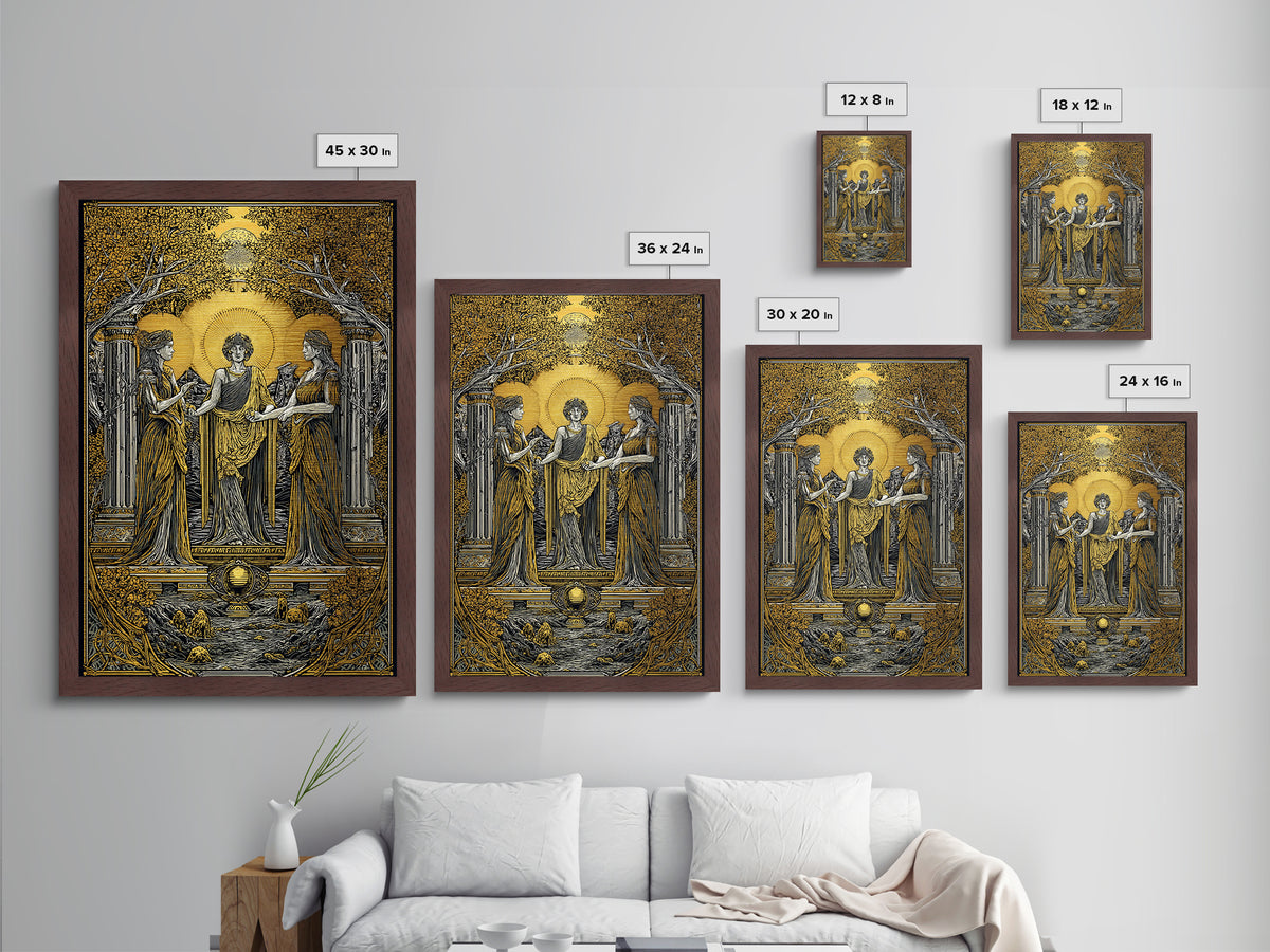 Greek Goddesses in Golden Garden – Metallic Gold Metal Print – Classical Mythology Wall Art with Real Wood Frame