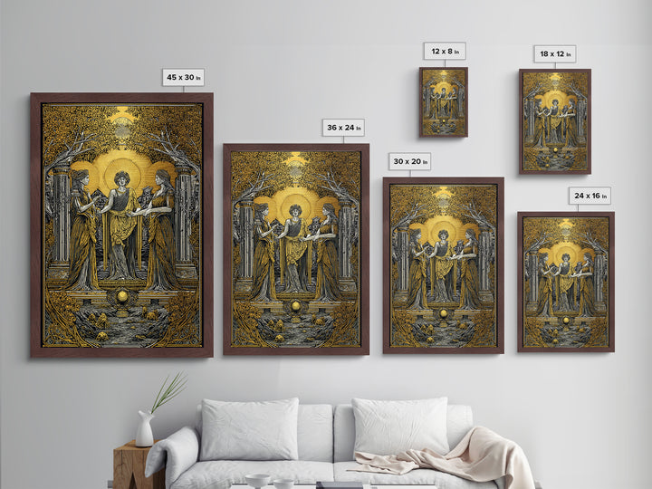 Greek Goddesses in Golden Garden – Metallic Gold Metal Print – Classical Mythology Wall Art with Real Wood Frame