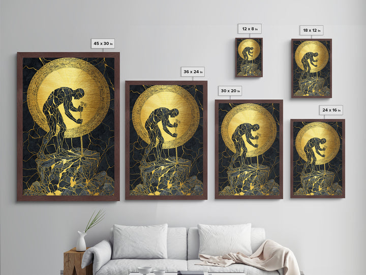 Man with Sword and Sun – Metallic Gold Metal Print – Heroic Mythology Wall Art with Real Wood Frame for Powerful Home Accent
