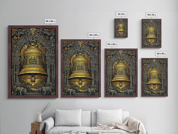 Ornate Golden Bell with Wolves – Metallic Gold Metal Print – Fantasy Architectural Wall Art with Real Wood Frame