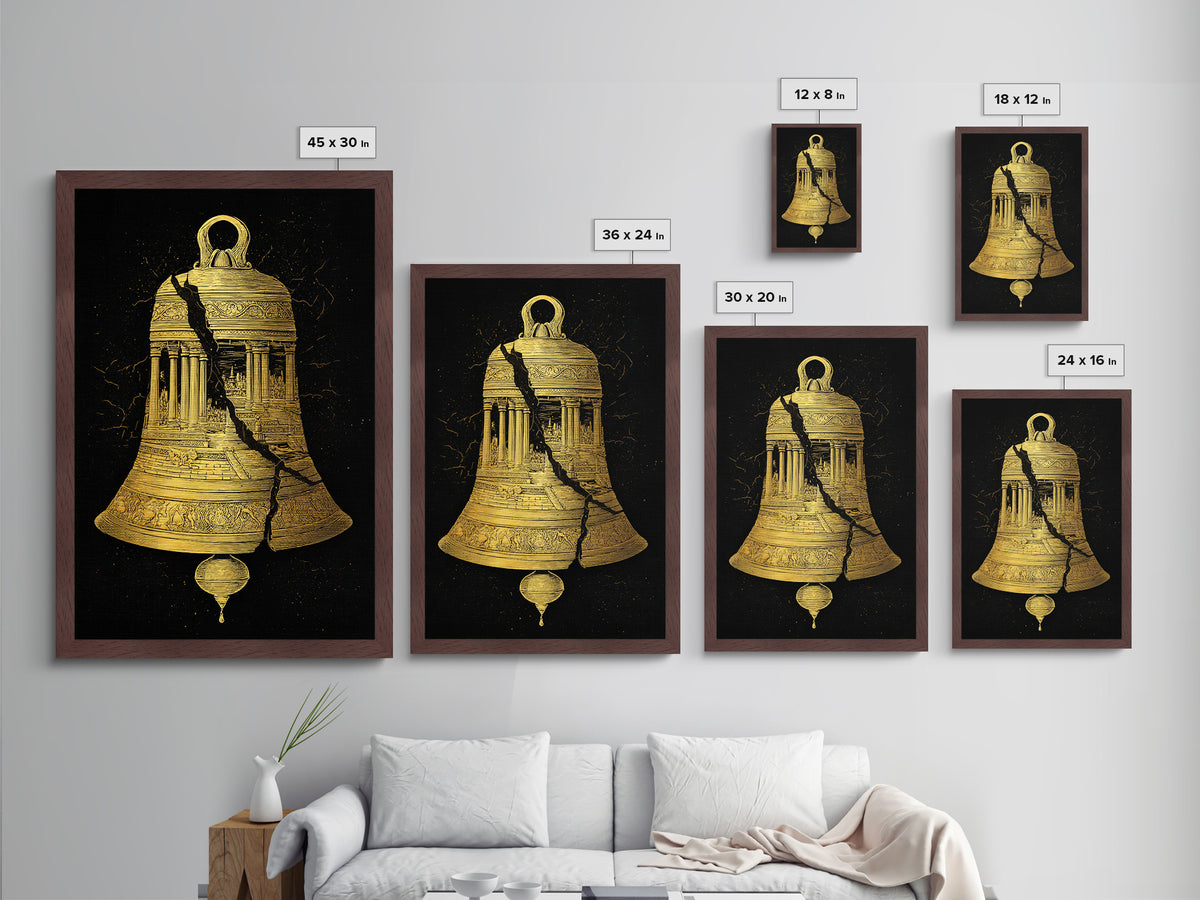 Cracked Temple Bell – Metallic Gold Metal Print – Ancient Ruins Wall Art with Real Wood Frame for History and Myth Lovers