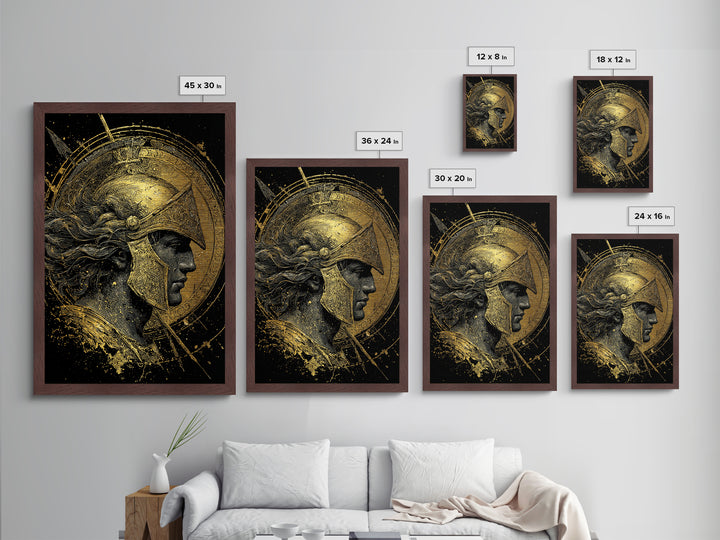 Greek Warrior Profile, Metallic Gold Metal Print, Ancient Mythology Wall Art, Real Wood Frame Decor, Luxury Hero Artwork
